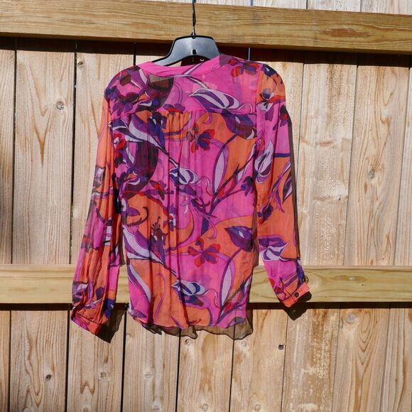 HALE BOB Silk Tunic Blouse Pink Boho Floral Roll Tab Long Sleeves Size XS - Picture 9 of 9